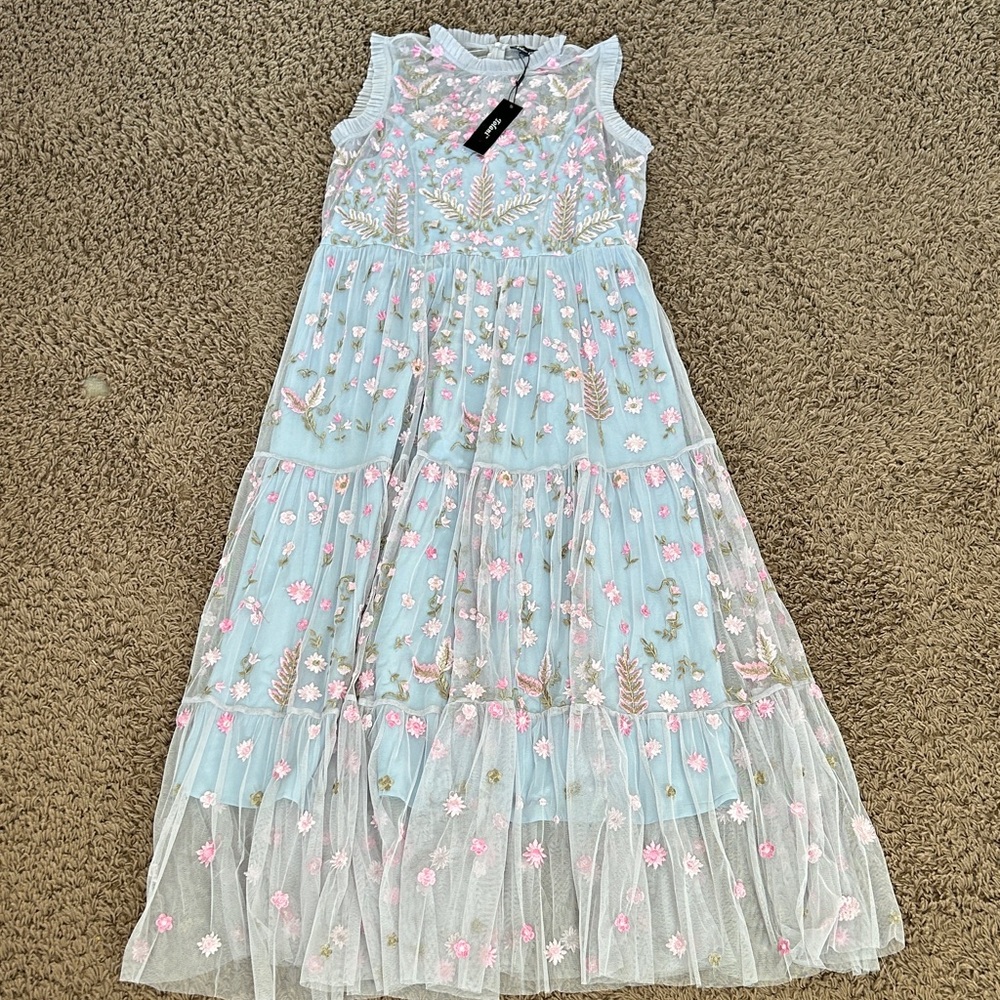 Tolani Light Blue Maxi Dress with Pink & Gold Floral Embroidery